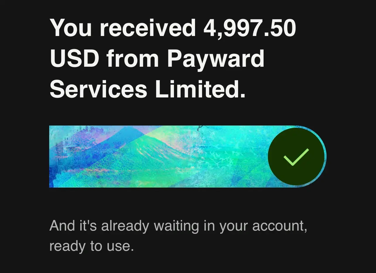 Payment confirmation showing 4,997.50 USD received
